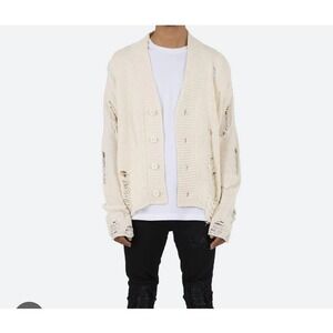 MNML Distressed Knit Cardigan Sweater Cream Large Button Front Men nwt